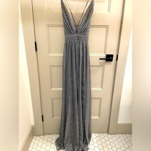 Luxxel, Silver formal, spaghetti strap, long dress.